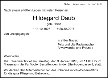 Traueranzeige von Hildegard Daub von  Wiesbaden komplett