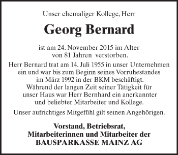 Traueranzeige von Georg Bernard von  Allgemeine  Zeitung Ingelheim-Bingen