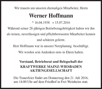 Traueranzeige von Werner Hoffmann von Trauerportal Rhein Main Presse