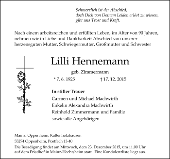Traueranzeige von Lilli Hennemann von  Allgemeine Zeitung Mainz