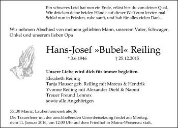 Traueranzeige von Hans-Josef Reiling von  Allgemeine Zeitung Mainz