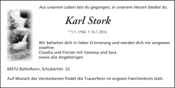 Traueranzeige von Karl Stork von Trauerportal Echo Online