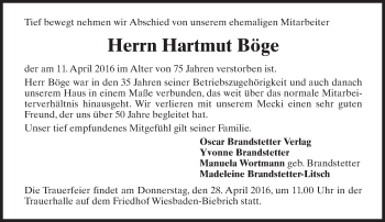 Traueranzeige von Hartmut Böge von trauer.rmp.de