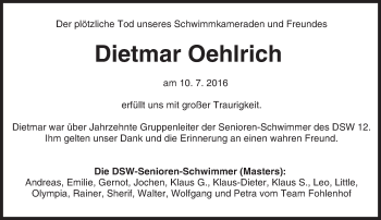 Traueranzeige von Dietmar Oehlrich von Trauerportal Echo Online