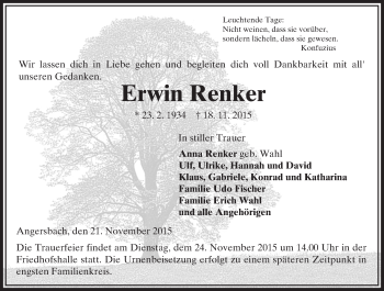 Traueranzeige von Erwin Renker von VRM Trauer