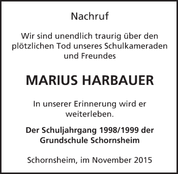 Traueranzeige von Marius Harbauer von  Allgemeine Zeitung Alzey