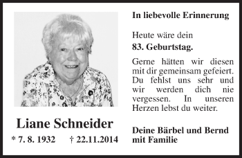 Traueranzeige von Liane Schneider von  Allgemeine  Zeitung Ingelheim-Bingen