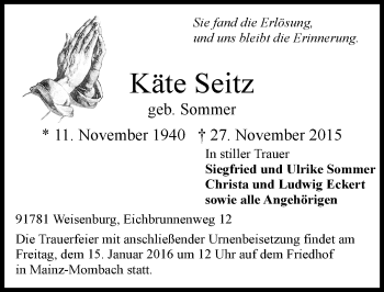 Traueranzeige von Käte Seitz von  Allgemeine Zeitung Mainz