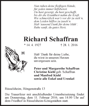 Traueranzeige von Richard Schaffran von  Mainspitze