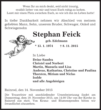Traueranzeige von Stephan Feick von  Kreisanzeiger