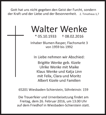 Traueranzeige von Walter Wenke von  Allgemeine Zeitung Mainz