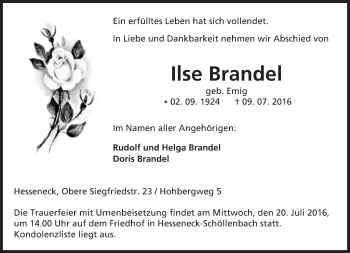 Traueranzeige von Ilse Brandel von Trauerportal Echo Online