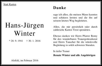Traueranzeige von Hans-Jürgen Winter von  OK Oberhessen Kurier