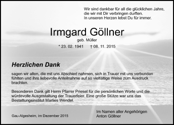Traueranzeige von Irmgard Göllner von  Allgemeine  Zeitung Ingelheim-Bingen