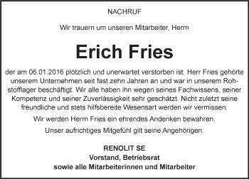 Traueranzeige von Erich Fries von trauer.rmp.de