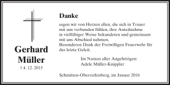 Traueranzeige von Gerhard Müller von  Usinger Anzeigenblatt