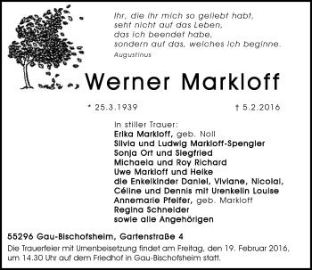 Traueranzeige von Werner Markloff von  Allgemeine Zeitung Mainz