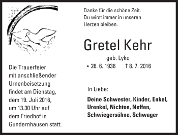 Traueranzeige von Gretel Kehr von Trauerportal Echo Online