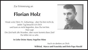 Traueranzeige von Florian Holz von Trauerportal Rhein Main Presse