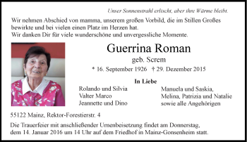 Traueranzeige von Guerrina Roman von  Allgemeine Zeitung Mainz
