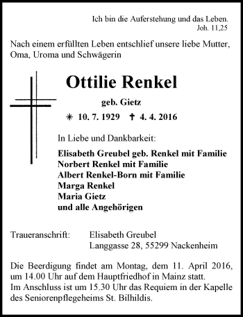 Traueranzeige von Ottilie Renkel von  Allgemeine Zeitung Mainz