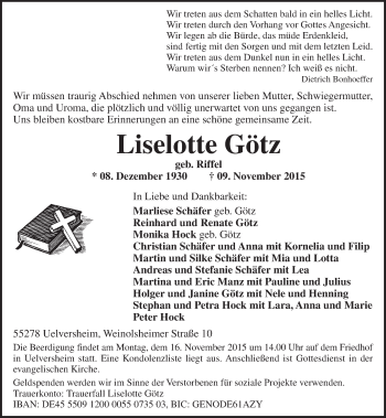 Traueranzeige von Liselotte Götz von  Allgemeine Zeitung Mainz