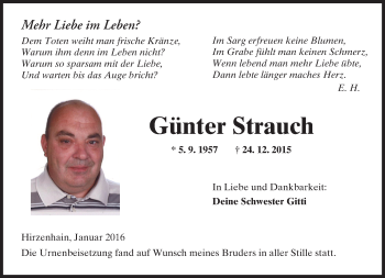 Traueranzeige von Günter Strauch von  Kreisanzeiger
