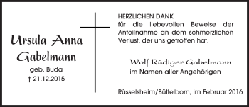 Traueranzeige von Ursula Anna Gabelmann von  Mainspitze