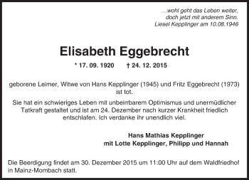 Traueranzeige von Elisabeth Eggebrecht von  Allgemeine Zeitung Mainz