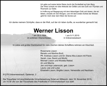 Traueranzeige von Werner Lisson von  Usinger Anzeiger