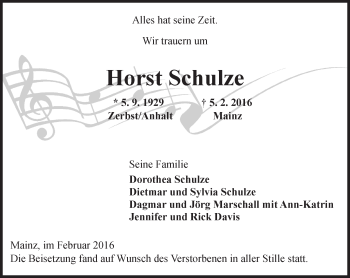 Traueranzeige von Horst Schulze von  Allgemeine Zeitung Mainz