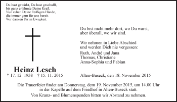 Traueranzeige von Heinz Lesch von  Gießener Anzeiger