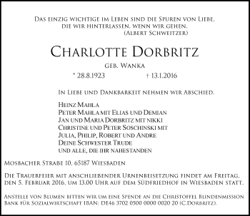 Traueranzeige von Charlotte Dorbritz von  Wiesbaden komplett