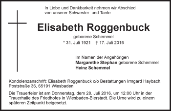 Traueranzeige von Elisabeth Roggenbuck von Trauerportal Rhein Main Presse