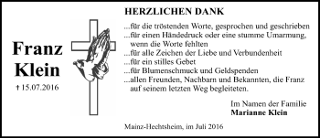 Traueranzeige von Franz Klein von Trauerportal Rhein Main Presse