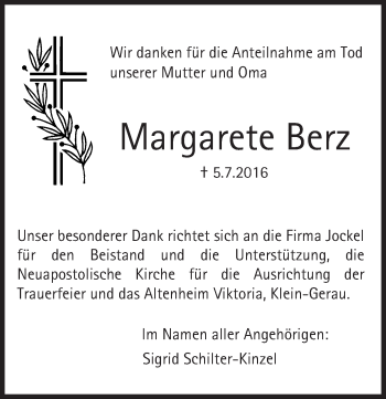Traueranzeige von Margarete Berz von Trauerportal Echo Online