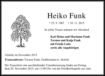 Traueranzeige von Heiko Funk von VRM Trauer