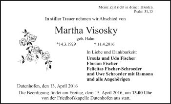 Traueranzeige von Martha Visosky von  Gießener Anzeiger