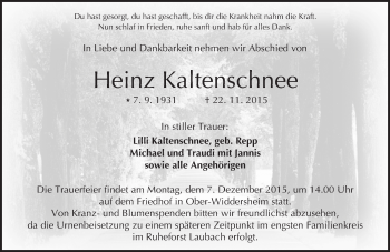 Traueranzeige von Heinz Kaltenschnee von  Kreisanzeiger