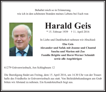 Traueranzeige von Harald Geis von  Usinger Anzeiger