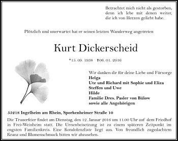 Traueranzeige von Kurt Dickerscheid von  Allgemeine  Zeitung Ingelheim-Bingen