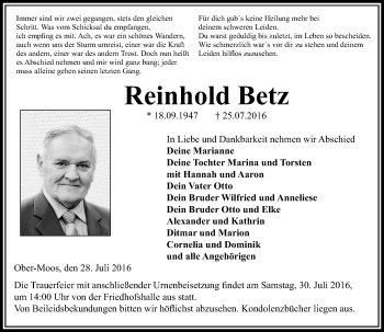 Traueranzeige von Reinhold Betz von VRM Trauer