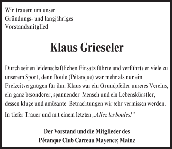 Traueranzeige von Klaus Grieseler von  Allgemeine Zeitung Mainz