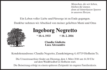 Traueranzeige von Ingeborg Negretto von  Hofheimer Zeitung