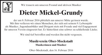 Traueranzeige von Dieter Mickel-Grundy von  Kreisanzeiger