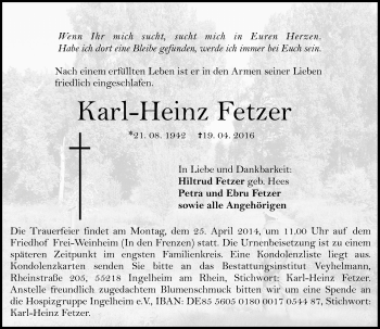 Traueranzeige von Karl-Heinz Fetzer von  Allgemeine  Zeitung Ingelheim-Bingen