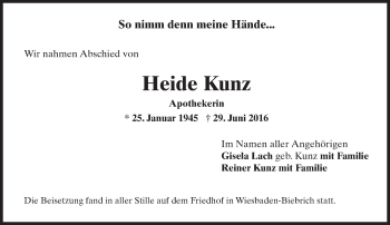 Traueranzeige von Heide Kunz von Trauerportal Rhein Main Presse