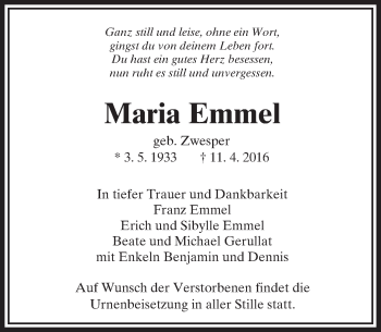 Traueranzeige von Maria Emmel von  Camberger Anzeiger