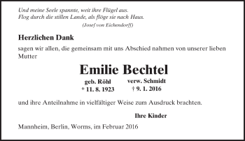 Traueranzeige von Emilie Bechtel von  Wormser Zeitung