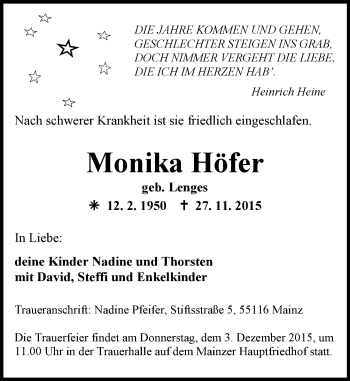 Traueranzeige von Monika Höfer von  Allgemeine Zeitung Mainz